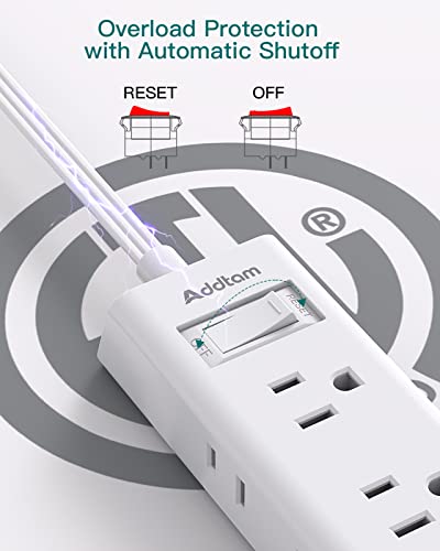 Addtam White 5 Ft Flat Plug Extension Cord with 6 Outlets - Cruise Travel Power Strip