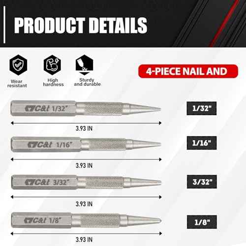 C&T 4-Piece Nail and Punch Set, 1/32, 1/16, 3/32, 1/8Inch, Nail Setter Punch & Center Punch Set, Professional woodworking and carpentry tool kit