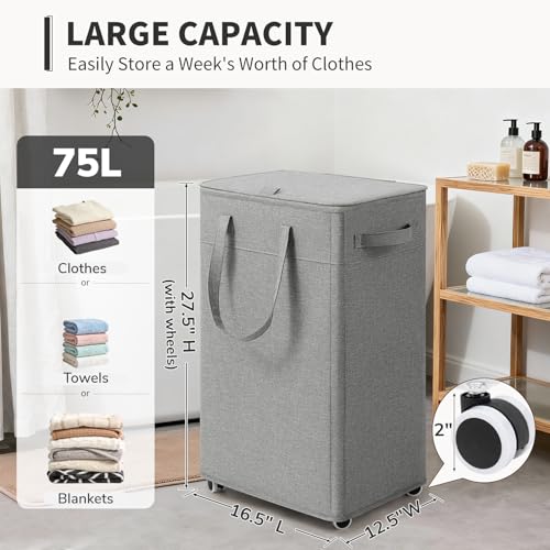 Goodpick 75L Rolling Laundry Basket with Wheels and Lid – Light Grey, 16.5 x 12.5 x 27.5 in