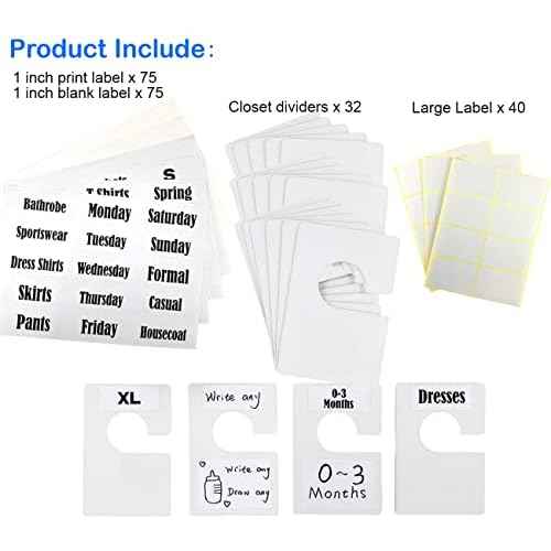 32 Pack White Clothing Rack Size Dividers Plus 150 Labels (1 Inch) and 40 Large Blank Labels, Large Rectangular Clothing Closet Dividers (Pearl White)