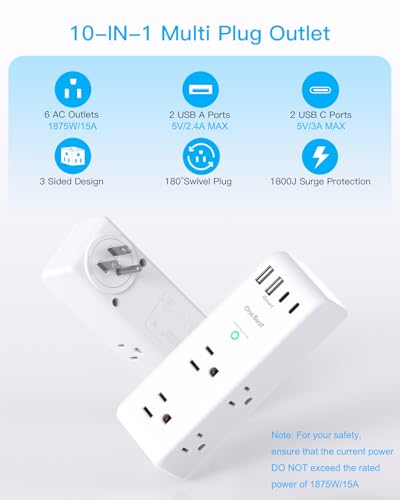 One Beat 2C2A Surge Protector Outlet Extender with Rotating Plug, 10-in-1 USB Wall Power Strip, White