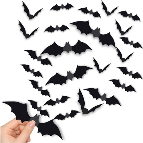 180Pcs Bats Halloween Decorations, 3D Bats Wall Decor, PVC Halloween Bats Party Supplies, Party Decorations for Bedroom, Bathroom, Home, Door, Window, Office (4 Sizes, Black)