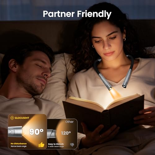Glocusent Upgraded Gray Neck Light with 100H Battery, Slim Reading Lamp for Bed & Books