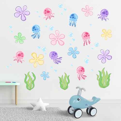 Yovkky Under The Sea Jellyfish Wall Decals Stickers, Watercolor Ocean Flower Bubble Seaweed Toddler Baby Nursery Decor, Coastal Beach Home Decorations Kids Bedroom Playroom Bathroom Art