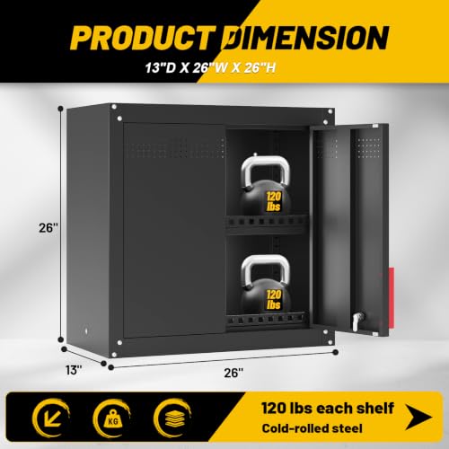 Eltean 26W Double-Door Metal Wall Cabinet, Locking Garage Storage with Adjustable Shelves