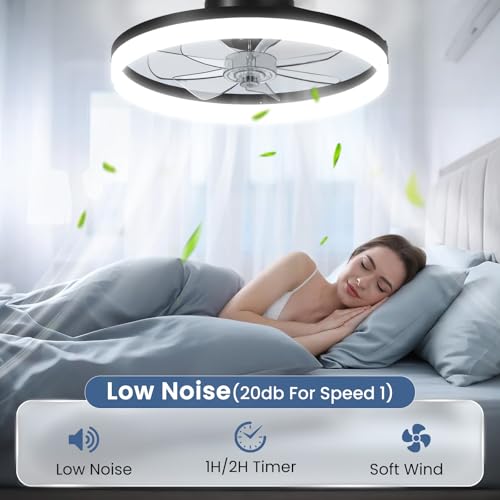 CHAREADA 20" Black Ceiling Fan with Light, Remote & App Control, Low Profile Foldable Design