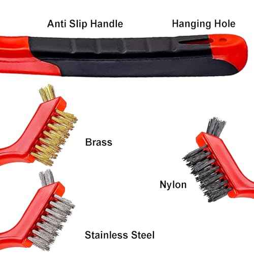 6Pcs Mini Wire Brush Set, Stainless Steel/Brass/Nylon Bristles Wire Brushes, Curved Handle Soft Grip for Rust, Dirt & Paint Scrubbing with Deep Cleaning ? 7 Inches (Red)