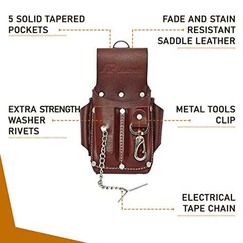 Ap-Leather Pro-5 Electrician Pouch, Leather Tool Pouch, 5 Pocket Pouch with Electrical Tape Holder, Durable Compartments, Tool Pouch with Belt Clip, Dark Brown