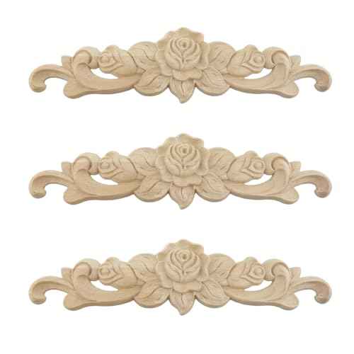 T Tulead Wood Carving Decal Rose Wood Appliques Furniture Cabinet Decoration Onlay Applique 7.87"x2",Pack of 3