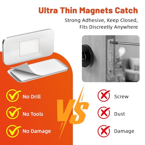 Jiayi Silver 6 Pack Ultra Thin No Drill Magnetic Cabinet Door Catch - Strong Adhesive Stainless Steel Latches for Kitchen & Bathroom