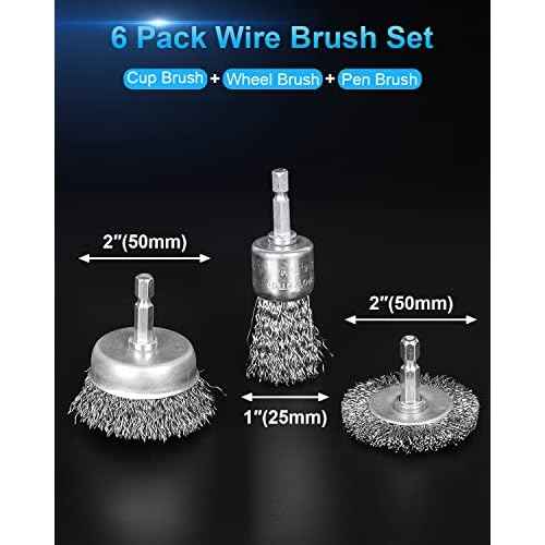 Rocaris 6 Pack Carbon Steel Wire Wheel and Pen Brush Set with 1/4-Inch Hex Shank for Rust Removal, Corrosion and Scrub Surfaces