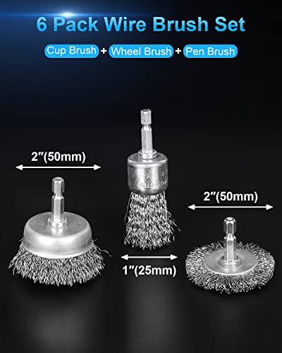 Rocaris 6 Pack Carbon Steel Wire Wheel Brush Set for Drills - Heavy Duty Wire Brushes for Rust & Paint Removal