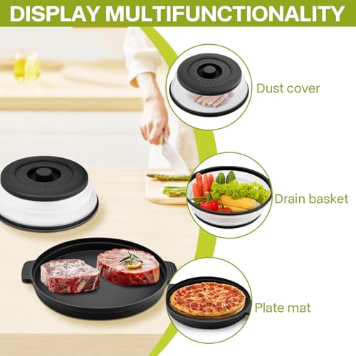 Saebume 10.7 Inch Microwave Splatter Cover with Anti-Scald Base Plate - Foldable BPA-Free Plastic & Silicone Lid (Black)