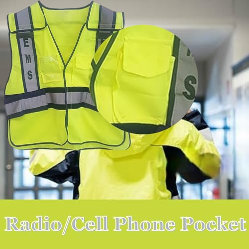 LINE2design High Visibility Front Pocket Safety Vest With Reflective Strips & EMS ANSI Polyester Fabric Yellow with Navy Trim, S-XXL, Average Size is Large