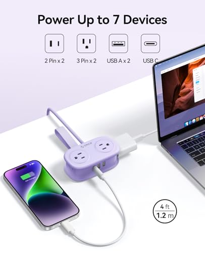ORICO Purple Travel Power Strip with 4FT Extension Cord, 7-in-1 USB Charging