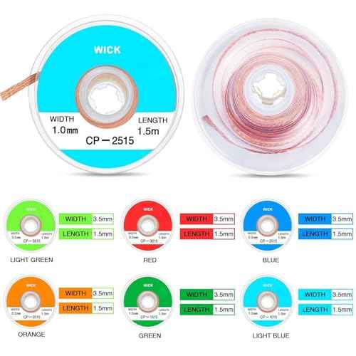 Hotop 6 Pieces Solder Wicks No-clean Solder 1.5 Meter Length Braided Wicks(0.04", 0.06", 0.08", 0.1", 0.12", 0.14",Multi-color)
