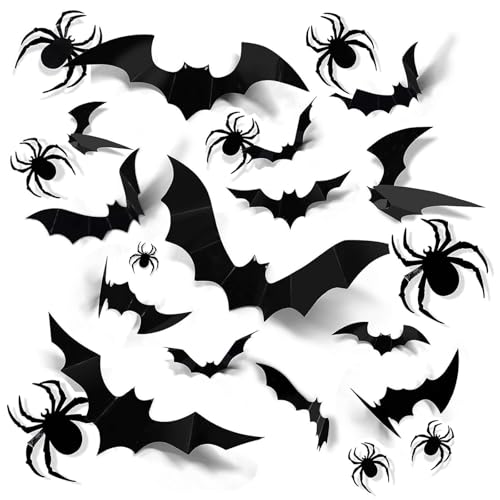 60PCS Bats Wall Decor &48PCS Fake Spiders Sticker for Halloween Decor, Hanging Bats for Halloween Decorations Window Clings, Haunted Mansion Decor Home Bathroom Indoor Hallowmas Decoration Party