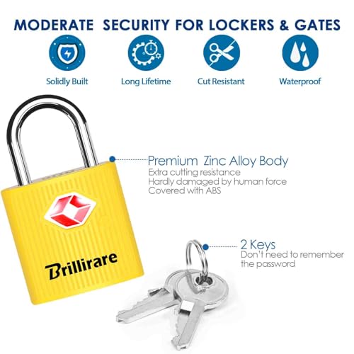 4 Pack TSA Approved Luggage Locks with Keys, Travel Padlock, Zinc Alloy Waterproof Keyed Lock, TSA Outdoor Metal Lock for Lockers, Bags, Backpack, Gym, Gate-Yellow