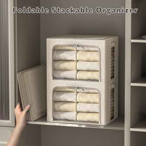 FHSQX 6 Pack Clothes Storage Bins with Metal Frame Foldable Storage Bins for Clothes Linen Fabric Storage Box with Clear Window (Beige, 15.7x11.8x7.8inch(22L))
