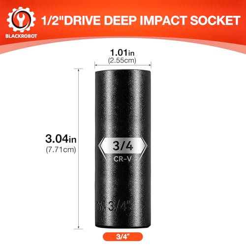 1/2 Inch Drive 6-Point Deep Socket, 3/4 Inch Deep Impact Socket, CR-V Steel