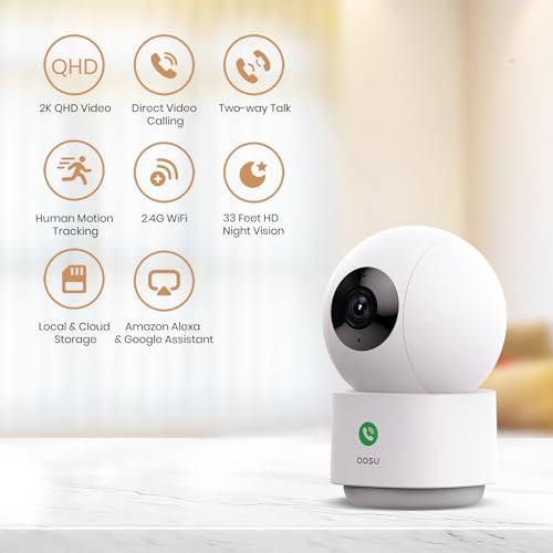 Aosu 3MP 2K Indoor Baby Camera Monitor with 2.4GHz WiFi, Two-Way Audio, 360° View