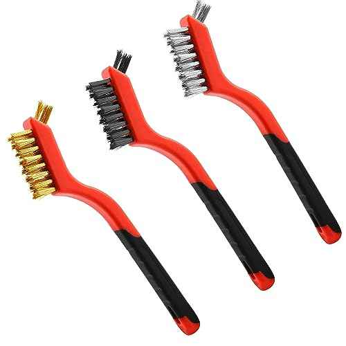 Wire Brush 3Pcs Metal Scrubber - Nylon/Brass/Stainless Steel Bristles with Curved Handle Grip for Cleaning Rust Removal, Dirt, Paint Scrubbing with Deep Cleaning ? 7 Inches
