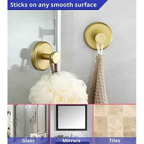 HOME SO Suction Cup Hooks for Shower, Bathroom, Kitchen, Glass Door, Mirror, Tile ? Loofah, Towel, Coat, Bath Robe Hook Holder for Hanging up to 15 lbs ? Waterproof, Matte Brushed Satin Gold (2-Pack)