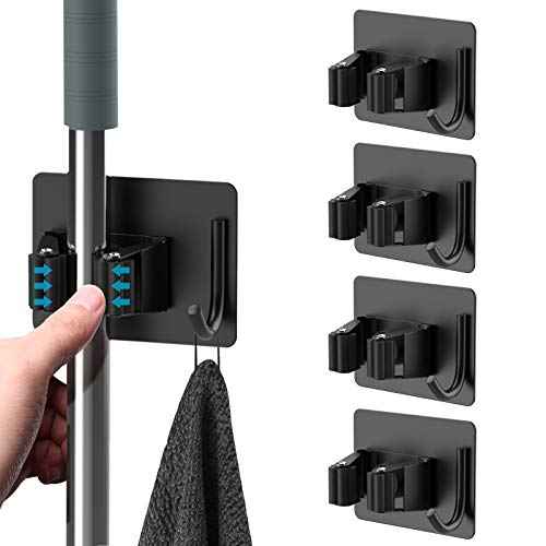 Mop Broom Holder No Drill, Mop Broom Organizer Wall Mounted Heavy Duty with Hooks Hanger, Self Adhesive Stainless Steel 6Pcs for Bathroom, Kitchen, Office (Black)