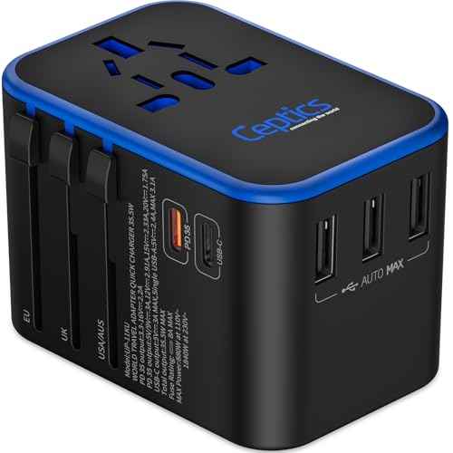 Ceptics Universal Travel Adapter, 35W International Power Adapter with PD & QC 3.0 Dual USB-C, 3 USB Travel Adapter Worldwide, Type I C G A Outlets 110V 220V A/C - EU Euro US UK (11-KU)