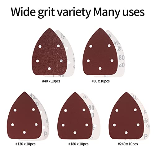 50 Pcs Mouse Detail Sander Sandpaper, 40/80/120/180/240 Grit Hook and Loop 140mm Mouse Sander Pads, Sander Replacement Pads, Assorted Triangle Sandpaper for Detail Mouse Sander