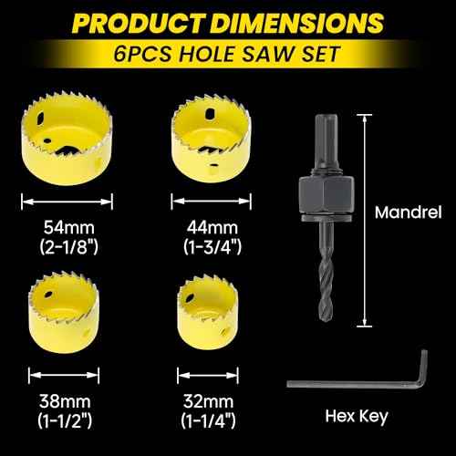 6PCS Premium Hole Saw Kit, Hole Saw Set with Mandrels, Hex Key - 1-1/4"to 2-1/8" (32-54mm) for Wood, PVC, Drywall, Plastic - Professional Hole Cutter Set
