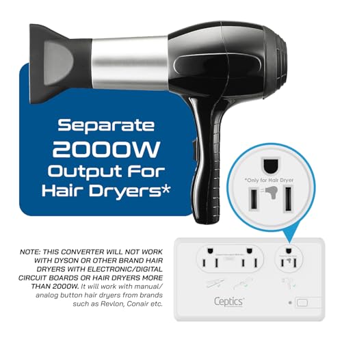 Beige Ceptics 220V to 110V Travel Voltage Converter with USB-C PD 18W, 4 USB Ports, 2000W & 2x 200W Outlets