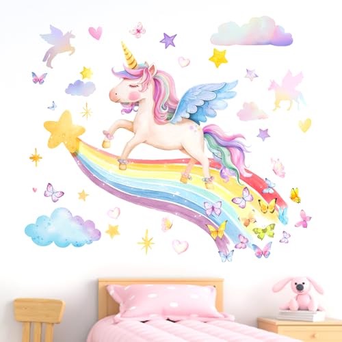 Yovkky Unicorn Rainbow Wall Decals Stickers, Cloud Stars Love Hearts Butterfly Toddler Baby Nursery Decor, Home Decorations Girls Kids Bedroom Playroom Art