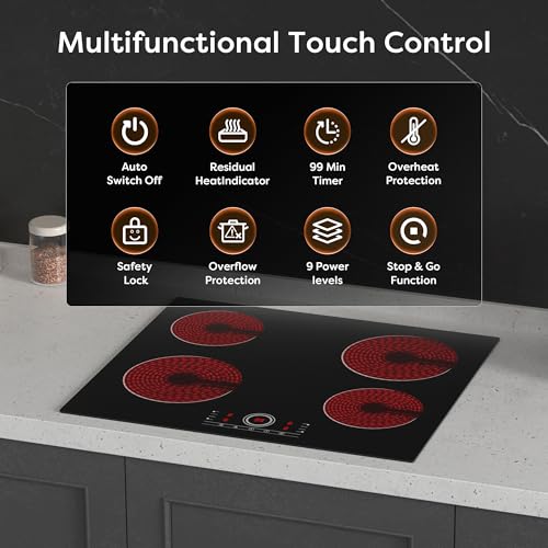 CDV 24 Inch Electric Cooktop with 4 Burners 6000W Black - Touch Control