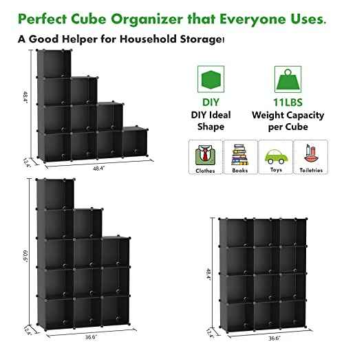 C&AHOME Cube Storage Organizer, 12-Cube Shelves Units, Closet Cabinet, DIY Plastic Modular Book Shelf, Ideal for Bedroom, Living Room, Office, 36.6" L x 12.4" W x 48.4" H Black SHS3012B