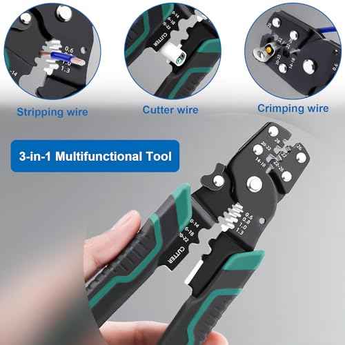 smseace Green Wire Crimping tool Wire crimper,stripper and cutterfor insulated/Bare/Heat Shrink connectors(22-10 AWG) Multifunctional stripping crimping pliers Wire stripper and crimping tool