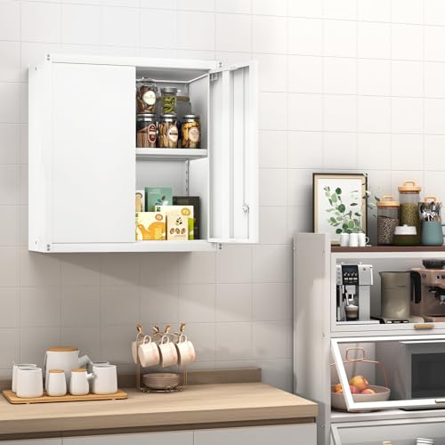 Wall Mounted Storage Cabinet, Metal Garage Cabinet in White, 27.95H, 2 Adjustable Shelves