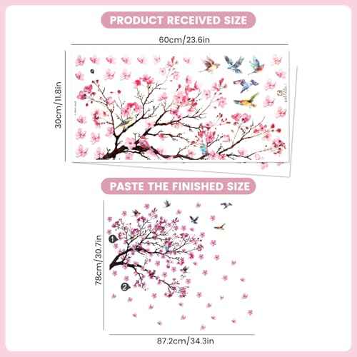 Large Pink Flowers Tree Branch Wall Decals Cherry Blossom Decor Vinyl Stickers,Tree Floral Birds Wall Art Murals,Flower Pattern Wall Stickers for Girls Bedroom Living Room Baby Nursery Tv Background