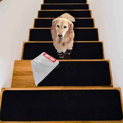 Nonslip Stair Treads Wooden Steps, 15 PCS 30" x 8" Safety Rug Slip Resistant Runner with Reusable Adhesive, Carpet Landing Mat for Family Elders Pets Soft Stair Mats Indoor (Black)