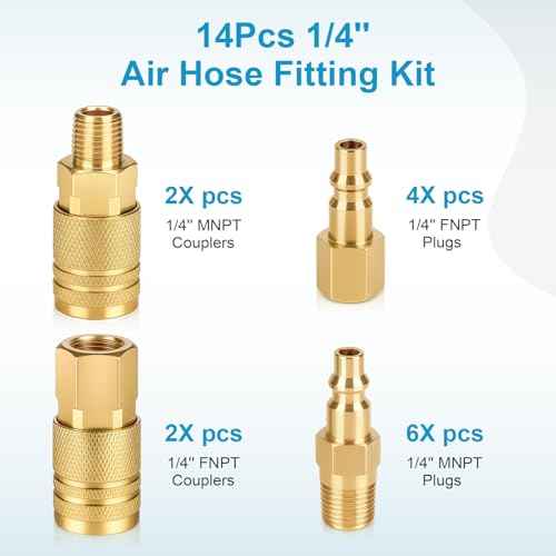14 Pcs Air Hose Fittings 1/4 Inch NPT, Air Tool Fittings Air Compressor Fittings Quick Connect, Premium Brass Air Coupler And Plug Kit RNSXYAT