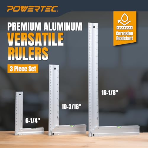 POWERTEC L Square 3pc Set – Try Square with Bubble Levels for Router Fence, Table Saw, Woodworking (80005)
