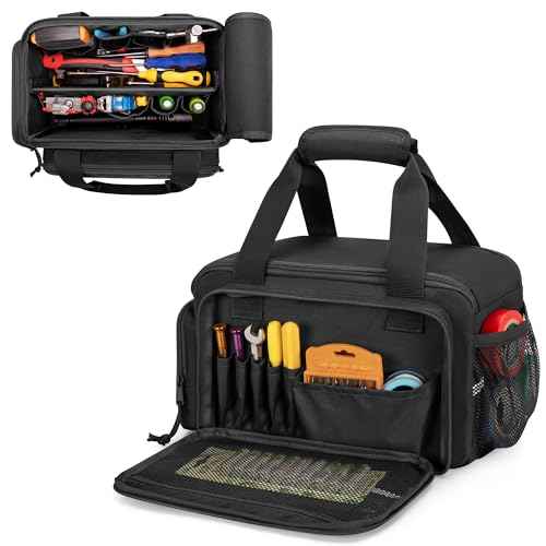 12-Inch Tool Bag with Anti-friction Bottom, Hand Tool Storage Organizer Bag for Men, Tactical Range Bag, Multi-purpose Work Tote for Repairman, Electrician, Carpenters, Handyman, Black