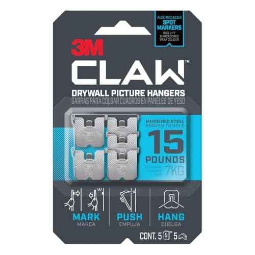3M CLAW 15 lb. Drywall Picture Hanger with Spot Markers, Heavyweight Hanging Solution for Room Decor and Office Decor, Including Mirrors or Large Art ? 5 Pack