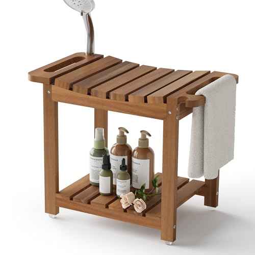 Shower Benches for Inside Shower to Sit on, Acacia Wood Bathroom Bench with Storage, Waterproof Shower Seat for Inside Shower, with Handles & Shower Head Holder, No-Slip