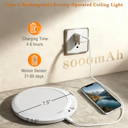 L.JUJAM 2 Pack Rechargeable Motion Sensor Ceiling Lights with Remote, Dimmable & 3CCT Indoor Night Lights for Closet, Shower, Hallway, Porch, RV