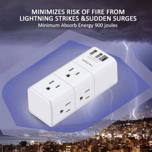 YISHU White USB Multi Plug Outlet Extender with Surge Protector & Rotating Plug