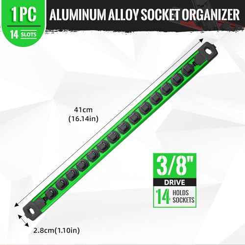 Magnetic Socket Organizer, 1-Piece Heavty Duty Aluminum Socket Holder, Socket Rail for Tool Box, Premium Quality 360¡Æ Swivel Socket Rack with 14 Clips for 3/8-Inch(Green)