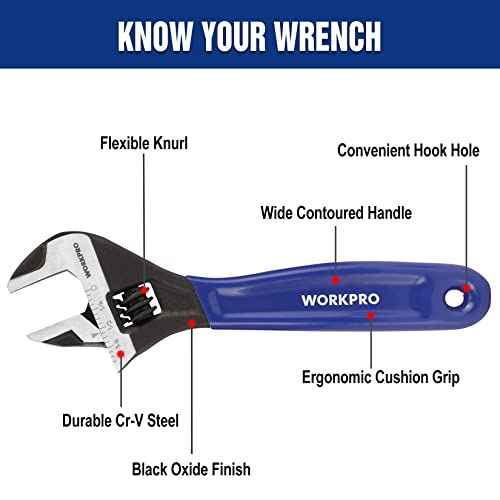 WORKPRO 6-Inch Adjustable Wrench, Wide Jaw Cr-V Steel Black Oxide Finish, for Medium-Size Bolts (M6?M16), Metric & SAE Scales, for Home, Garage, DIY & Workshop Use