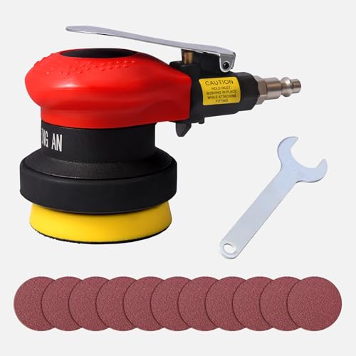 Red 3-Inch Mini Pneumatic Orbital Sander with 10 Sandpapers for Wood Metal Car Finishing
