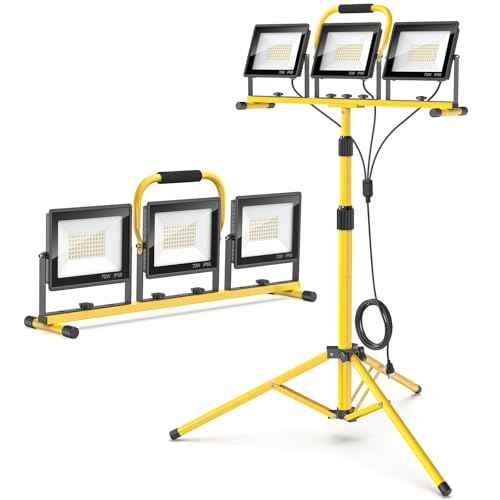 21000 Lumen LED Work Lights with Stand: 3 Head Adjustable Work Light with Individual Switch, IP66 Waterproof Foldable Tripod, 16.5FT Cord for Indoor/Outdoor Job Site Construction Garage Lighting